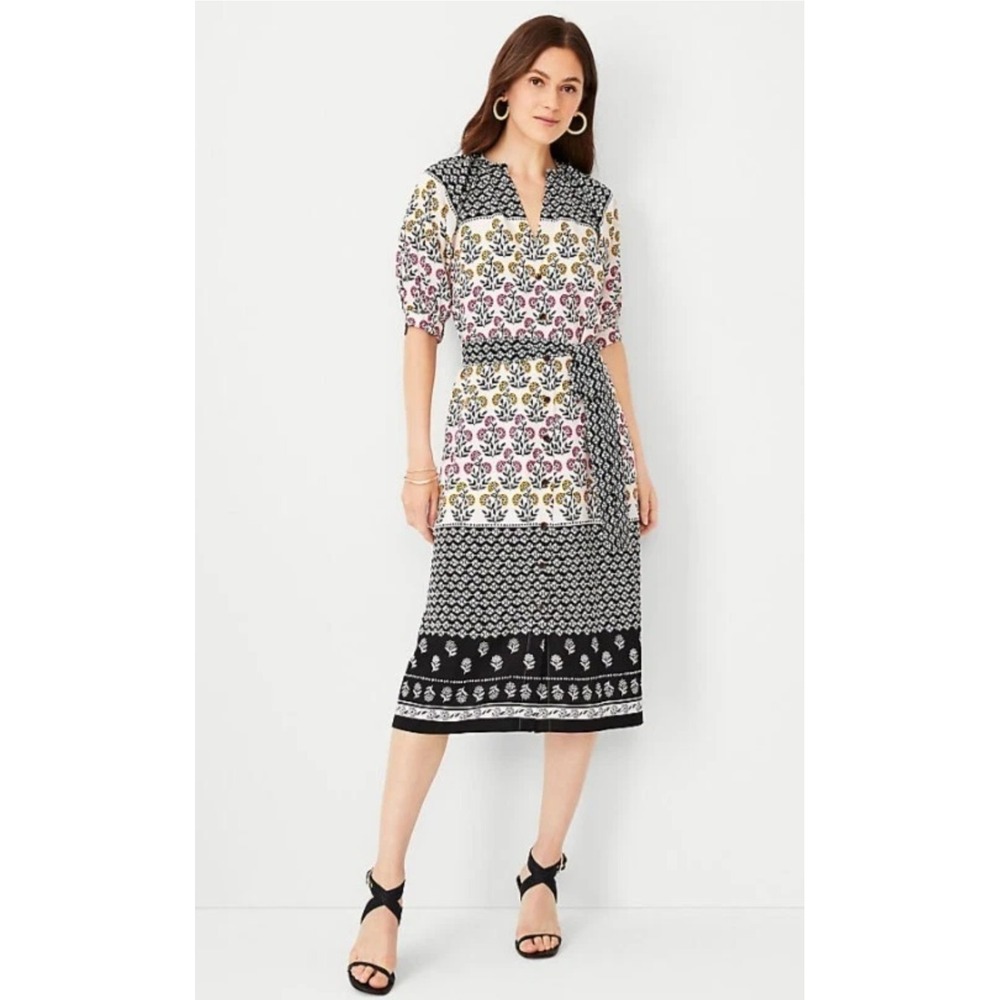 Ann Taylor Floral Belted Midi Dress Womens Size 0 Black White V-Neck 35093923